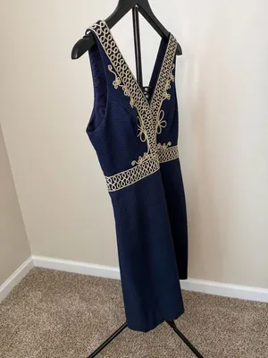Lilly Pulitzer Navy Blue‎ Gold Embroidered Silk Dress Size 6 thumbnail 5