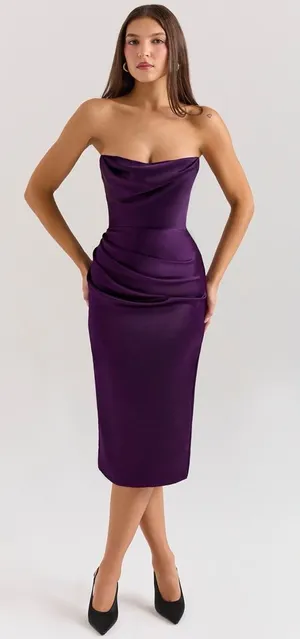 House of CB Santana Grape Satin Strapless Midi Dress S thumbnail 1