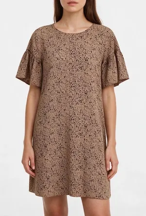 SHEIN Brown Black Speckled Animal Print Ruffle Sleeve Mini Shift Dress Size 4 S thumbnail 1