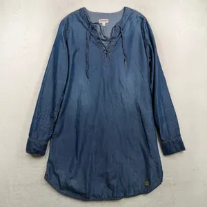 True Religion Large Denim Mini Shirt Dress Lace Up Blue Chambray Cotton Lyocell thumbnail 2