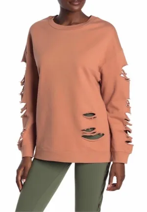 ALO Yoga Fade Distressed Pullover Crewneck Sweatshirt Womens Small Tan thumbnail 1