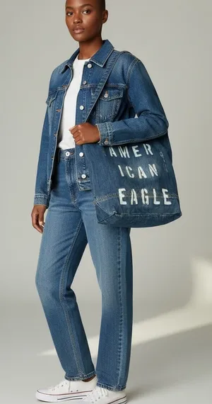 American Eagle Outfitters Denim Tote in Blue with White Logo thumbnail 1