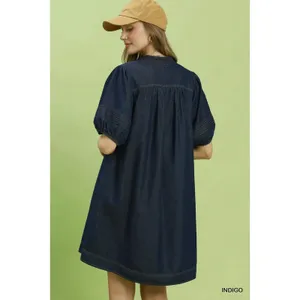 Umgee Notched Puff Sleeve Mini Dress‎ with Pockets - Small thumbnail 3