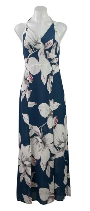 Dynamite Blue White Floral Sleeveless Halter Neck Maxi Summer Beach Dress Sz XS thumbnail 1