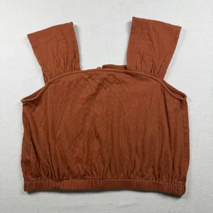Madewell Crinkle Knit Button Front Crop Top Women’s Large Rust Orange thumbnail 5