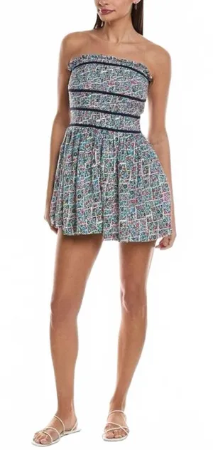 Free People Bali Checked Out Printed Romper Floral Grid Smocked Strapless Large thumbnail 1