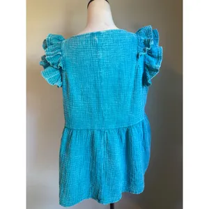 Zenana Boho Turquoise Blue Cotton cottage Y2K fairy‎ dainty Ruffle Babydoll Peplum Top thumbnail 4