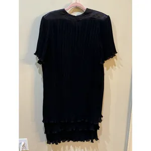 Vintage Black Pleated Layered Tiered Midi Dress With Satin Trim Size‎ 18 thumbnail 2