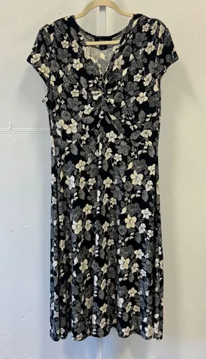 Style & Co Black White Floral Twist Front Midi Dress Size L Short Sleeve Stretch thumbnail 1