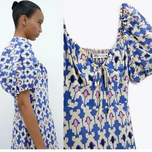 Zara Blue White Printed Short Puff Sleeve Smocked V-Neck Midi A-line Dress Sz L thumbnail 3