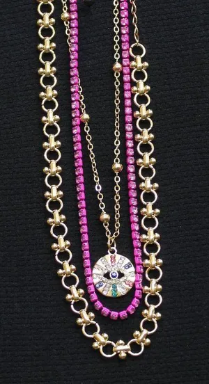 NWT Guess Rhinestone Eye Pendant Choker Necklaces Gold / Pink Multi 12" + 4" thumbnail 1
