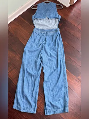 Free People Moonlight Mile Chambray Jumper Jumpsuit Denim Open Back thumbnail 10