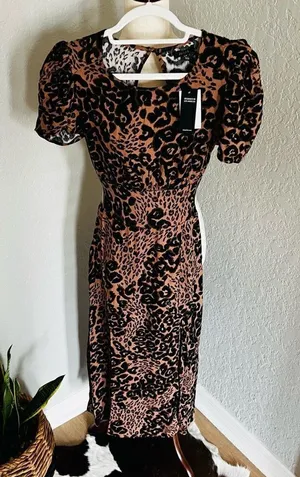 AFRM Jamie Print Open Back Short Sleeve Dress, Brown/Black Animal, Small, NWT‎ thumbnail 1