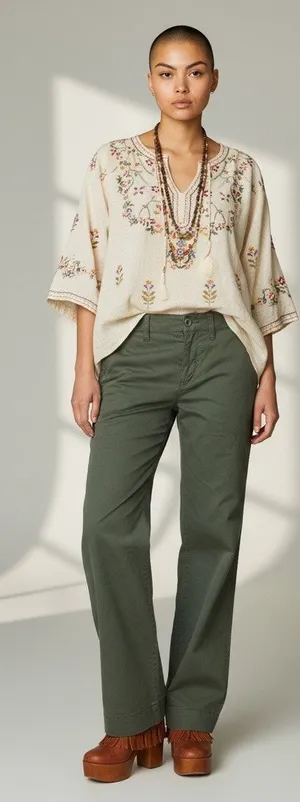 The Limited Lowrise Boho Flare Wide-leg Cotton Khaki Pants thumbnail 1