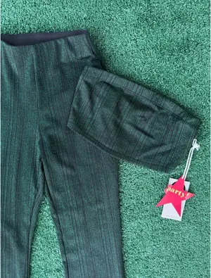 Paperoc Green LurexMetallic Flare Pants & Tube Top Set thumbnail 2