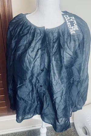 New Future Collective Women's Sheer Balloon Long Sleeve Blouse Black‎ sz L NWT thumbnail 1