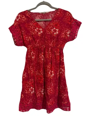 Red Floral Mini Dress with Lace Trim thumbnail 1