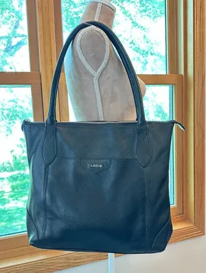 Lodis Black Pebbled Leather Tote Bag Shoulder Purse Floral Lining Work Travel thumbnail 1