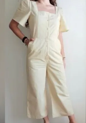 Mango Button‎ Up Belt Jumpsuit Cream Beige Size Medium Square Neck Feminine thumbnail 1