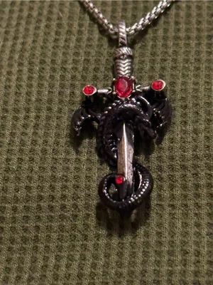Silver Red Cross & Dragon Pendant Necklace thumbnail 2