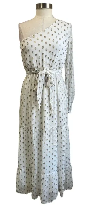 Lulus‎ One Shoulder White & Gold Polka Dot Maxi Dress Grecian Goddess Size S thumbnail 1