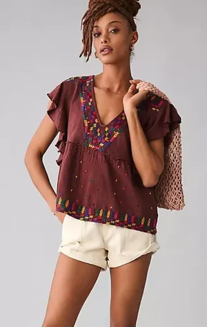 By Anthropologie Embroidered Ruffle-Sleeve Peplum Top Women’s Small thumbnail 1