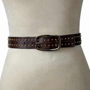 Western Boho Brown Studded Genuine Leather Belt Antique Gold Women’s Size Small thumbnail 4