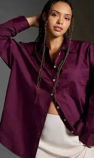 Anthropologie Maeve Dark Purple Bennett Button Down Long Sleeve Top thumbnail 1