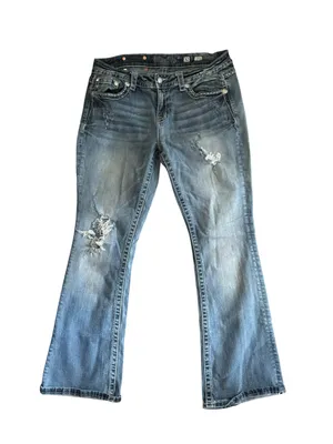 VTG Miss Me Mid~Rise Distressed Boot Cut Jean Sz 32 Embellished Embroidered Blue thumbnail 1