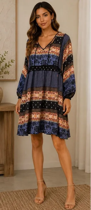 Entro‎ Womens Tie Up Neck 3/4 Sleeve Mixed Print Casual Boho Tunic Dress M thumbnail 1