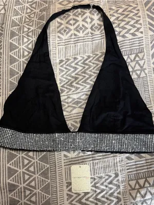 NWT Intimately Free People Rhinestone Halter Bralette Top Black M thumbnail 2