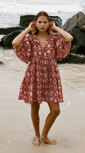 Daughters of India Kyra Mini Dress‎ Saffron Red White Floral Size XL thumbnail 1
