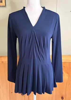 Ann Taylor Mixed Media Pleated Front Dark Blue Top size Medium thumbnail 1