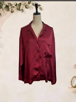 H&M Satin Button-Down Shirt in Wine thumbnail 4