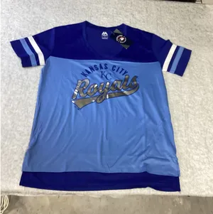 Majestic Kansas City Royals MLB Womens Blue Mesh‎ V-Neck Jersey Shirt Medium NEW thumbnail 1