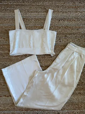 The Noli Shop Women's Cream Sequin Crop Top & High-Waist Pants Set thumbnail 1