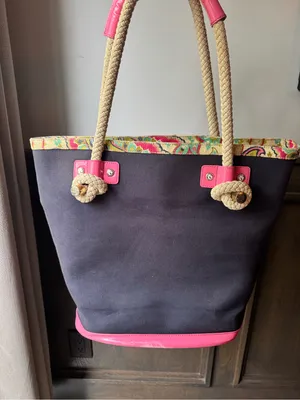 Spartina 449 Navy Tote with Pink Trim and Multicolor Seahorse thumbnail 5