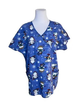 JIJ Scrubs Blue Snowman Snowflake‎ Scrub Medical Top LARGE Wintertime Snow thumbnail 1