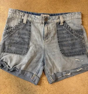 Free People Two-Tone Light and Medium Blue Denim Shorts thumbnail 1