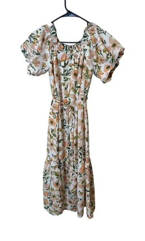 THML Floral‎ Puff Sleeve Midi Dress White Peach Green Tiered FTM2319-CR Small thumbnail 1