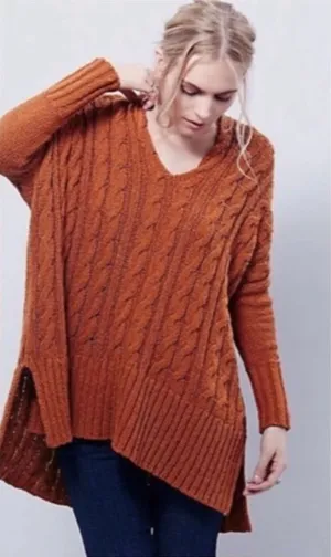 Free People chunky cable knit oversized tunic sweater burnt orange size‎ XS thumbnail 1