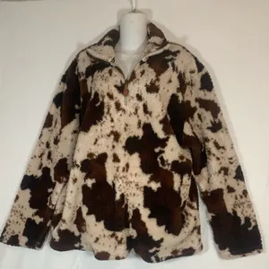 Brown Cow Print Sherpa Quarter Zip Pockets Ladies Sz XL Jacket thumbnail 4