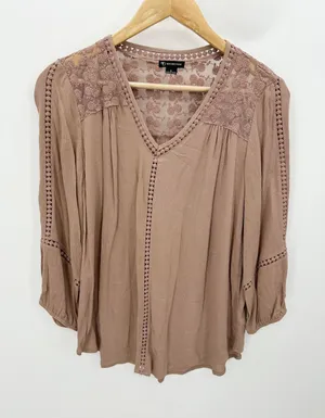 New‎ Directions Mauve Taupe Lace Crochet V-Neck Peasant Blouse Small M9990199N4 thumbnail 1