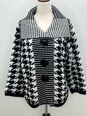 SIONI Black White Houndstooth Knit Wool Blend Cardigan Sweater Jacket Medium thumbnail 1