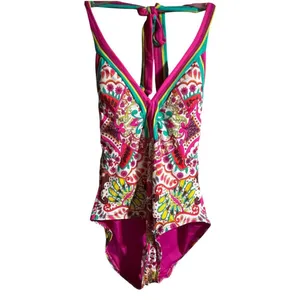 Trina Turk Hawaiian Garden Border Halter Plunge One Piece Swimsuit thumbnail 4