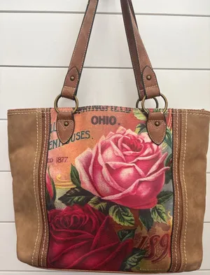 b.o.c. Born Concept Brown Floral Rose Print Tote Bag Ohio Greenhouse Vintage thumbnail 1