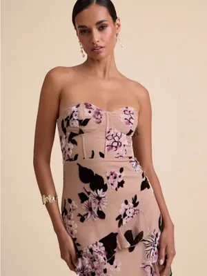 Lulus Chelisa Beige Floral Ruffled Strapless Bustier Maxi Dress - Size S thumbnail 5