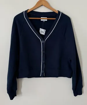American Eagle Navy Cropped Cardigan Sweater White Trim Button Front Preppy S thumbnail 1