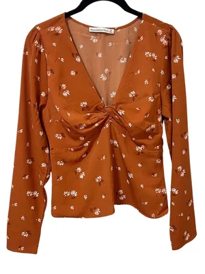 Abercrombie & Fitch Long-Sleeve Twist Front Floral Blouse M Rust Orange thumbnail 1