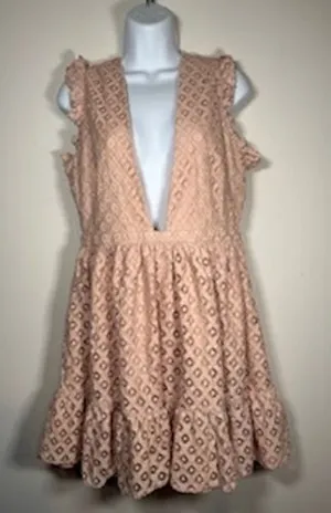 Showpo Peach Eyelet Lace Deep V-Neck Open Back Ruffle Mini Dress Size US 8‎ thumbnail 1